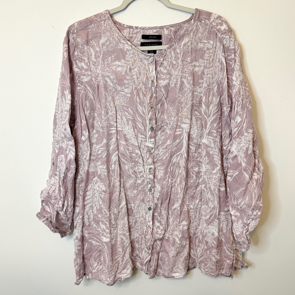 Tahari 100% Floral Linen Button Down Top Size 2X Shirt Tropical Purple Tunic